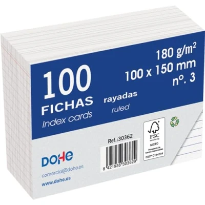 Imagen de Dohe Fichas Rayadas de Cartulina (100 uds.) Tarjetas para Escribir Notas, Tamaño A6 (15x10 cm), 180 gr/m², N.º 3, Material Oficina Color Blanco