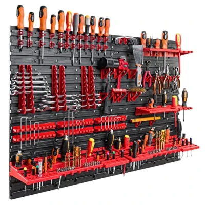 Imagen de botle estantería de pared con sistema almacenamiento herramientas 115 x 78 cm. Set 58 soportes para herramientas. Portaherramientas agujeros, taller, plástico