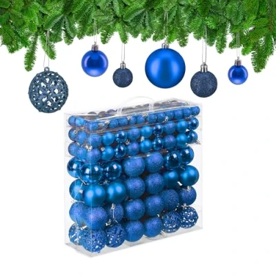 Imagen de Relaxdays Juego Bolas Árbol Navidad, Decoración Navideña Mate, con Brillantina, Relucientes, de 3, 4 y 6 cm Ø, Azul, 150 Unidades