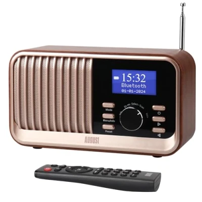 Imagen de Radio FM Dab+ Recargable Reloj Despertador Doble August MB450K portátil Retro con 60 presintonías, Altavoz Bluetooth 5.3, USB/AUX/MicroSD, batería hasta 18 Horas y Mando a Distancia Roble
