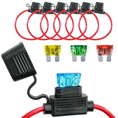 Imagen de Selyse 6 portafusibles de 10 AWG para coche, camión, moto, impermeable, con fusibles planos en línea, cable cobre, estándar coche/barco, 2 x 20 A, 30 40 A