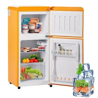 Imagen de kubeier Mini frigorifico, Nevera con congelador, Bebidas silenciosas 60L, 27C ∽ 13C, Volumen del congelador de 22 litros, Clase energética F, luz LED,Yellow