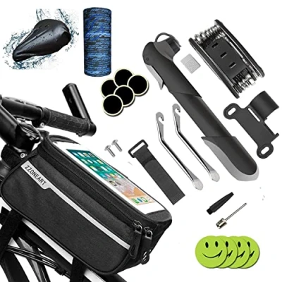 Imagen de Bolsa de Marco Bicicleta, Mini Bomba para Bicicleta,16 en 1 Herramienta multifunción Bicicleta con Kit Parche y palancas neumáticos,Soporte Movil
