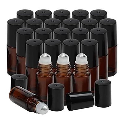 Imagen de BELLE VOUS Botella Roll On de Vidrio (Pack 24) 5 ml Frascos Bola Acero Inoxidable Para Aceites Esenciales, Aromaterapia, Bálsamo Labial y Cosméticos Frasco Perfume Recargable