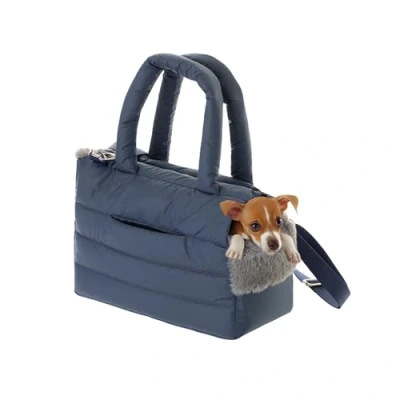 Imagen de bolsa para perros, cachorros, perros pequeños y medianos, gato S hasta 5 kg, de viaje, portaperros con mosquetón, transporte, color azul oscuro