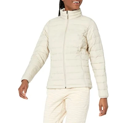 Imagen de Amazon Essentials Chaqueta Acolchada Ligera de Manga Larga, Plegable, Resistente al Agua (Disponible en Tallas Grandes) Mujer, Piedra, L