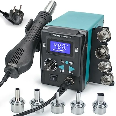 Imagen de YIHUA 959D II Estacion de soldadura aire caliente para y desoldadura SMD con pantalla LCD, soporte boquillas, auto inicio/parada, temperatura ajustable, volumen EU plug
