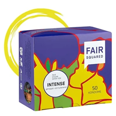 Imagen de FAIR SQUARED intenso, muy tachonado, perlado, condones caja de 10, ancho nominal 53mm, veganos fabricados con caucho natural certificado FSC comercio justo, climáticamente neutro