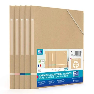 Imagen de OXFORD Touareg 5 bolsas de cartón 3 solapas elásticas A4 Funda para tarjetas recicladas, color beige y adhesivos surtidos