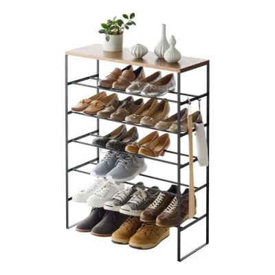 Imagen de YAMAZAKI 3370 TOWER Zapatero de 6 niveles con tablero superior madera, negro, Acero/Madera, minimalista, 66 x 25 87 cm
