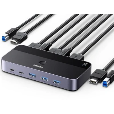 Imagen de UGREEN Switch KVM HDMI 4K 60Hz 2 Entradas 1 Salida con 3 Puertos USB A y C 3.0 5Gbps para Teclado Ratón Disco Duro HDD Conmutador Controlador de Escritorio Cables 1M