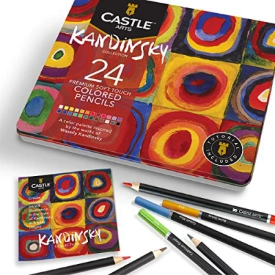 Imagen de Castle Arts 24 lápices de colores en un estuche metal, inspirado Kandinsky. Perfecto para dibujar, hacer bocetos, colorear. Con núcleos blandos, mezcla superior y juego capas