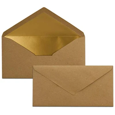 Imagen de Sobres, 50 unidades, formato DL, 110 x 220 mm, estilo vintage, cierre húmedo, forro interior dorado metalizado, para festividades/invitaciones