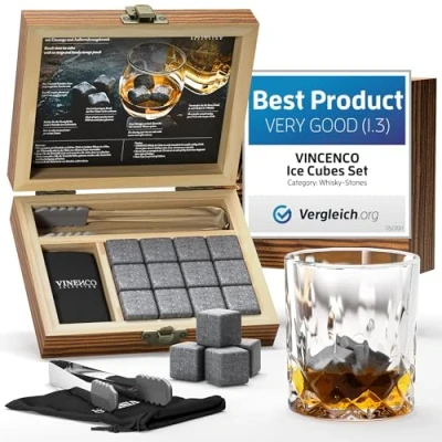 Imagen de Cubitos de Hielo Reutilizable Set Cubos Refrigeración Acero &amp; Basalto Piedras Whisky, Cocteleria Mini Bar Accesorios Idea Caja Regalo Padre Mujer Hombre Cumpleaño, Whiskey Ice Cube Stone