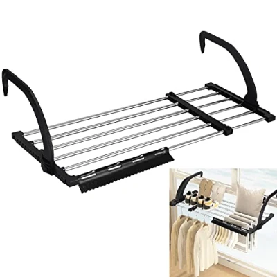 Imagen de REFORUNG Tendedero Balcón Barandilla Negro de Radiador Plegable y Retráctil Acero Inoxidable Colgadores Ropa para Balcones Colgar Calcetines en Baño Longitud:62 110cm