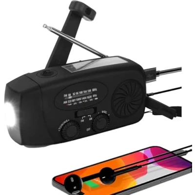 Imagen de Radio solar portátil con AM/FM/NOAA, generador de manivela, batería recargable 2000 mAh, cargador teléfono móvil USB, linterna LED, para emergencias, camping (negro)