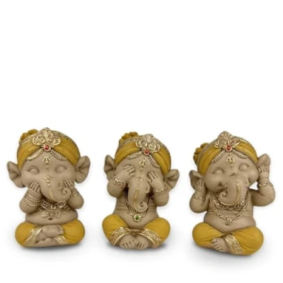 Imagen de Trio Zen&#039;Light de Ganesh Sabiduría icónica No Ver Nada Escuchar Decir Conjunto simbólico Ambiente Tranquilo y Alegre Decoración Zen H 9 cm Amarillo