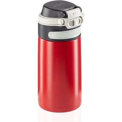 Imagen de Leifheit Vaso térmico Flip (350 ml) con tapón de rosca, taza hermética bloqueo adicional contra fugas, termo portátil, uso una mano, rojo