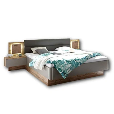 Imagen de Stella Trading Elegante conjunto de cama doble con iluminación led 180 x 200 cm, Set dormitorio completo acabado en roble silvestre y gris basalto, 305 96 205 cm (ancho/alto/profundo)