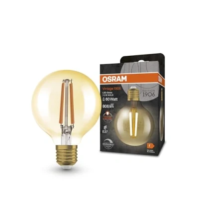Imagen de OSRAM Lámpara LED Vintage 1906® Classic GLOBE80 FIL 60, E27, regulable, esférica, dorado, 7,2W, 806lm, 2400K, luz blanca cálida reducida, bajo consumo, larga duración