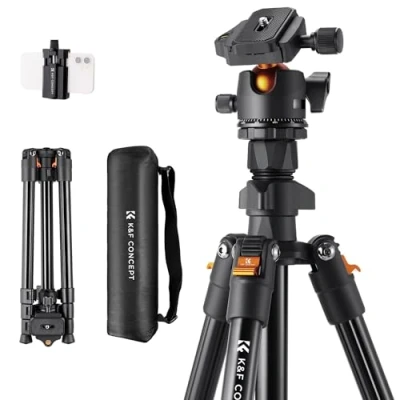 Imagen de K&amp;F Concept Trípode Cámara,163CM Viaje Cámara,Trípode Ligero en Aluminio, de Movil con Soporte Teléfono, Tripode Cámara Reflex 360 Rótula Bola para DSLR(Solo 1.24kg)