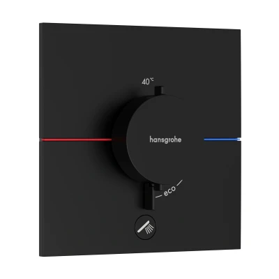 Imagen de hansgrohe ShowerSelect Comfort E, termostato empotrado con una salida adicional, grifo botón de seguridad (SafetyStop) a 40C, rectangular para ducha y bañera, 1 función, negro mate