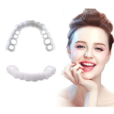 Imagen de BGZ 2 Pares Dentaduras Cosméticas Carillas Instant Dentales Snap on Dientes Reutilizable Cubrir Faltantes,Rotos,Deformidad para Hombres Y Mujeres Superior Inferior