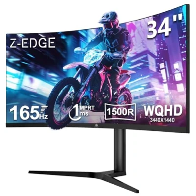 Imagen de Z Edge Monitor Gaming Curvo 34&#039;&#039;, 165Hz, UWQHD(3440x1440), 1ms MPRT, AMD FreeSync, Pantalla Ultra Ancho 21:9 con DP Cable, Soporte Ajustable, 1500R, 300cd/m², 2* HDMI2.0 &amp;2* DP1.4, RGB, VESA 100*100mm