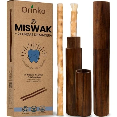Imagen de ORINKO 2 palos de Siwak + estuches madera Miswak cepillo dientes natural, ecológico y vegano cuidado la boca tradicional blanqueamiento dental
