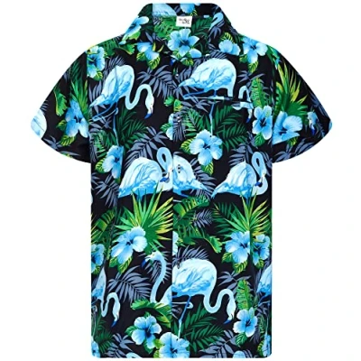 Imagen de King Kameha Funky Camisa Hawaiana, Manga Corta, Flamingo Flowers, Negro Azul, 4XL