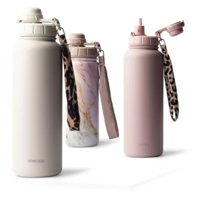 Imagen de MAMEIDO Botella Agua Acero Inoxidable 700ml Termica con Pajita, Gimnasio sin BPA, Cantimplora estanca, Termo Correa de Transporte, Water Bottle (Ivory Beige, 0,7l)