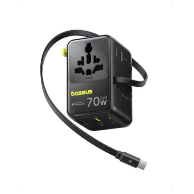 Imagen de Baseus Enercore 70W Adaptador Enchufe Universal con Cable Retráctil, 2 AC + USB A 1 C, de Corriente Internacional para EE. UU., Reino Unido, Japón, Tailandia, Australia