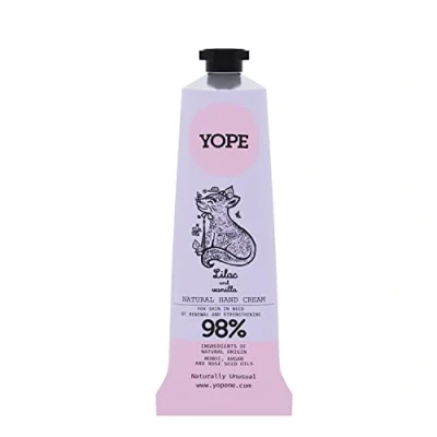 Imagen de YOPE Crema de manos Aceite argán y semilla rosa mosqueta Manteca karité monoi Regenerar Nutrición 98% Ingredientes naturales Vegan formula Lila Vainilla 50ml
