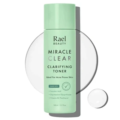 Imagen de Rael Toner, Tónico clarificante Miracle Clear facial para rostro, piel grasa y propensa al acné, con ácido succínico, vitamina B5 hidratante, vegano, libre de crueldad (5.1 fl oz, 5.1 oz)