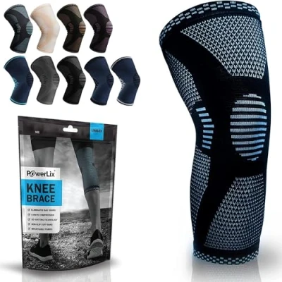 Imagen de POWERLIX rodillera para mujeres y hombres, de compresión artritis, dolor articular, lesión ligamentos, desgarro menisco, tendinitis, correr, sentadillas, deportes,Azul Claro, L