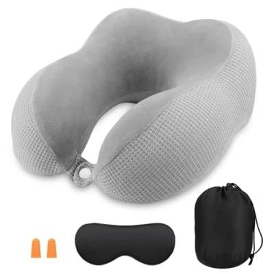 Imagen de Almohada de Viaje, Cojin Cuello Viaje con Cremallera, Avion, Collarin Cervical Avion Viscoelastico, Cojín Máscara Ojos y Tapones