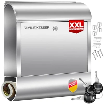 Imagen de KESSER® Buzón XXL de Acero Inoxidable con Compartimento para el periódico, Cepillado, 3 cerraduras Llaves, Recubrimiento Polvo, montado en la Pared, Gran inserción Frontal, Plata