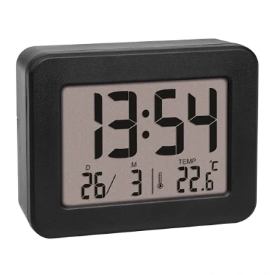 Imagen de TFA Dostmann Mini Despertador Digital 60.2044.01, Funciona con Pilas, Alarma Fuerte, Temperatura Interior, Fecha, Reloj de Cuarzo, Viaje, Color Negro