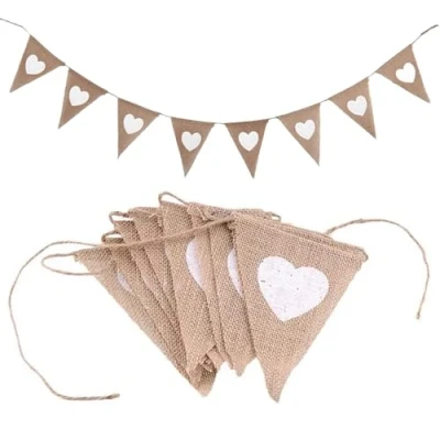 Imagen de 2 banderines de boda, banderines, decoración cumpleaños, diseño corazón, bandera triangular, guirnalda triangular yute
