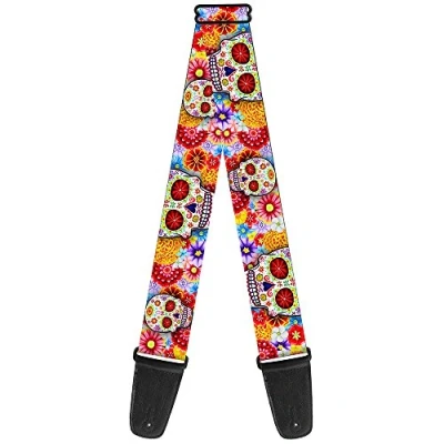 Imagen de Correa para guitarra con hebilla Calavera de azúcar Starburst blanco/multicolor 5 cm ancho 74 longitud