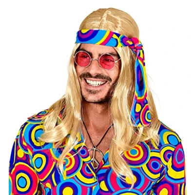 Imagen de Widmann 02846 peluca de discoteca los años 70 con diadema, pelo sintético, estilo reggae, fiesta temática, carnaval, unisex, para adultos, multicolor, talla única