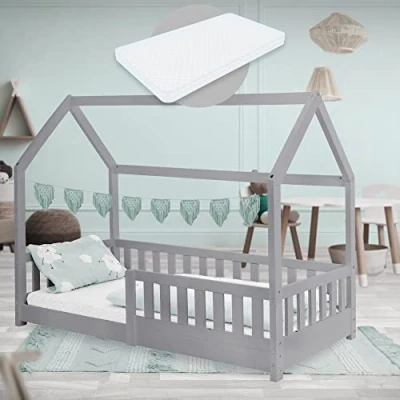 Imagen de ML Design Cama Infantil Gris Claro con Colchón De Espuma Fría 80x160 cm Protección Anticaída Techo Somier Estructura Listones Madera Maciza Pino para Niñas Y Niños Forma Casa Cuna Estable Juego