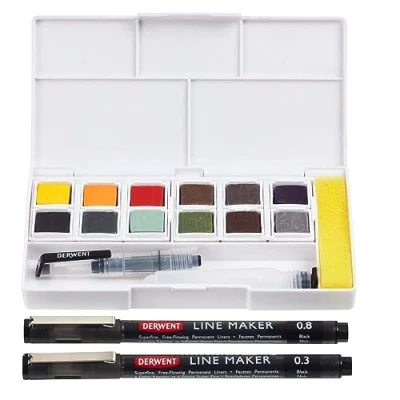 Imagen de Derwent 2305866 Set de Pintura Line &amp; Wash con 12 Acuarelas y 2 Rotuladores Punta Fina, Plumillas Japonesas 0,3 mm 0,8 mm, Ideal para Esbozos Urbanos Arte Exterior