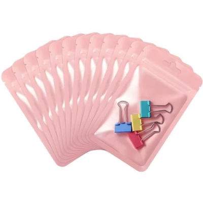Imagen de Rimiko 100 Piezas de Bolsas Herméticas Planas con Cierre Zip, Mylar Resellables para Alimentos Orificio Colgar, Bolsa Plástica Ziplock Embalaje del Producto (Rosado, 10,5x15 cm)