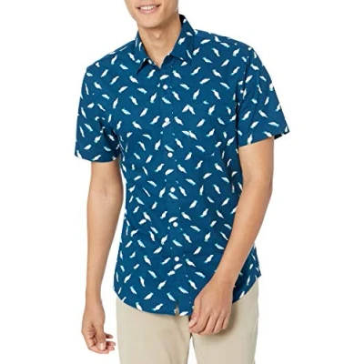 Imagen de Amazon Essentials Camisa de Corte Ceñido con Mangas Cortas, Botones y Estampado Hombre, Azul Clásico Pájaros, XL