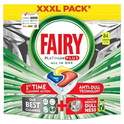 Imagen de Fairy Platino Plus Pastillas para lavavajillas todo en uno, 84 cápsulas de detergente con aroma a limón paquete económico