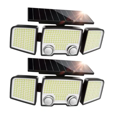 Imagen de Lumisky Lote de 2 focos solares con 3 cabezas negras, raylite, luz LED potente blanca, orientables detector movimiento, ideales para proteger jardín, terraza y exterior