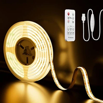Imagen de PAUTIX Tira de LED USB COB 5V blanco cálido 2M con remoto RF, 640LEDs 2700K luces regulable CRI90+ Retroiluminación TV, iluminación bricolaje para el hogar