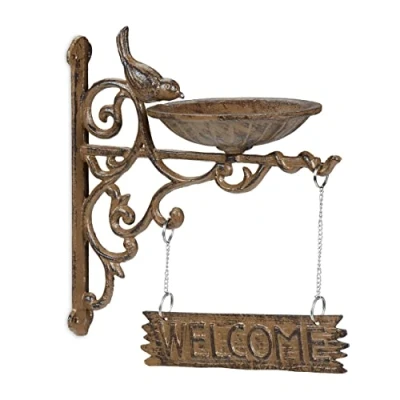 Imagen de Relaxdays Bebedero Pájaros de Pared WELCOME, Hierro fundido, Marrón, 27 x 13,5 23,5 cm