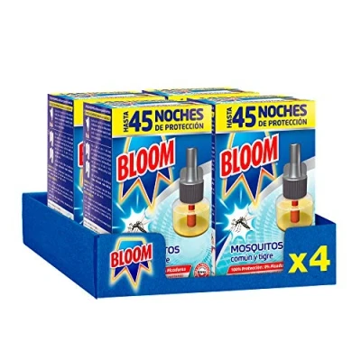 Imagen de Bloom Líquido Recambio (pack de 4), insecticida eléctrico para mosquitos común y tigre, antimosquitos con fórmula concentrada sin perfume